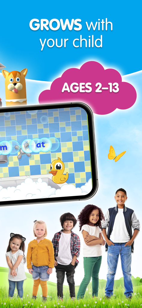 Children of different ages standing together showing how Reading Eggs grows with a child from ages 2 to 13