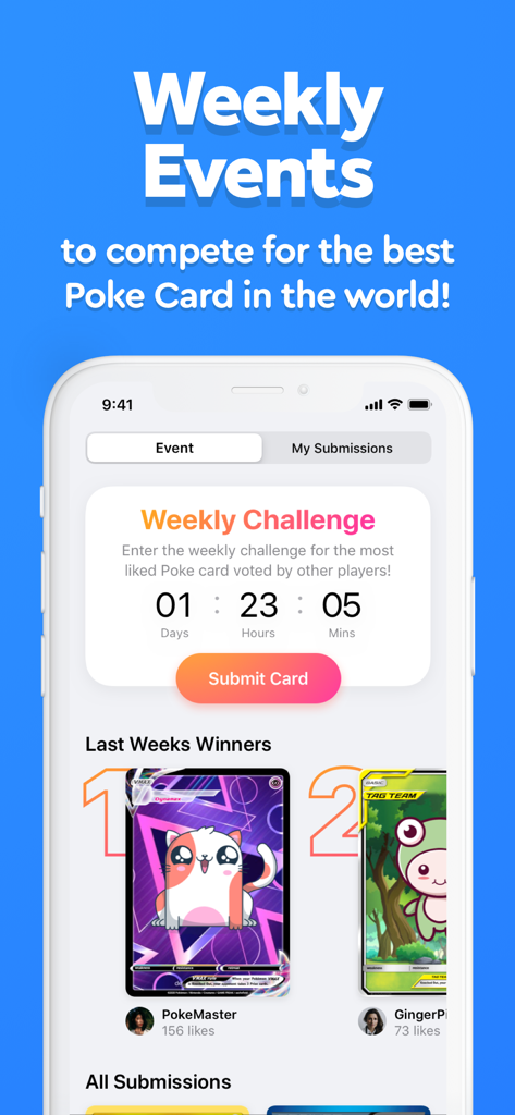 PokeArt app showing the Weekly Events screen where users submit and vote on custom cards.
