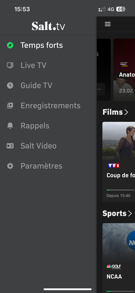 Mobile app interface of Salt TV showing the side navigation menu with options like Live TV, Guide TV, and recordings.