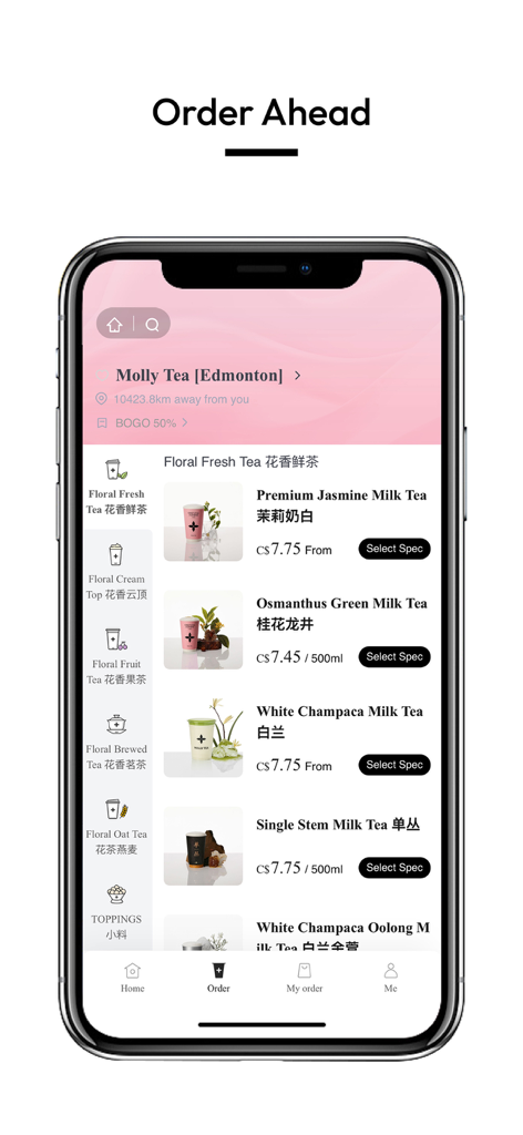 Molly Tea - Interfaz de la app Molly Tea mostrando el menú de pedido anticipado con varias opciones de té de leche floral.