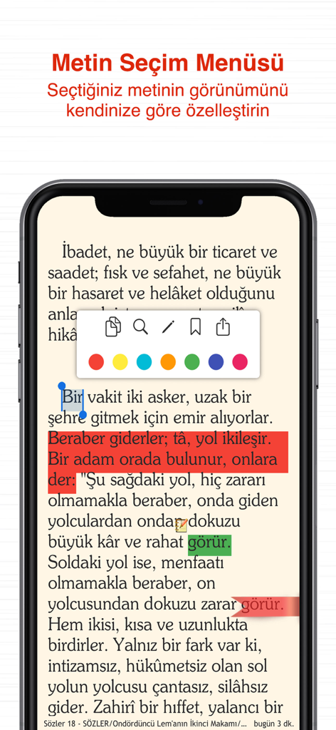 Risale-i Nur Kütüphanesi - Captura de pantalla de la aplicación Risale-i Nur Kütüphanesi que muestra el resaltado de texto y el menú de herramientas de estudio