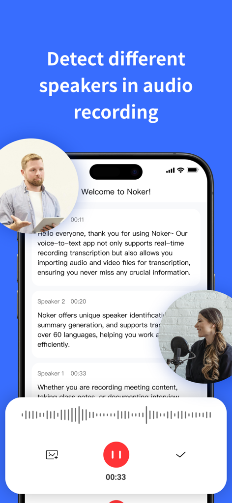 Interface of Noker app showing AI speaker recognition and timestamped transcription for multiple speakers.