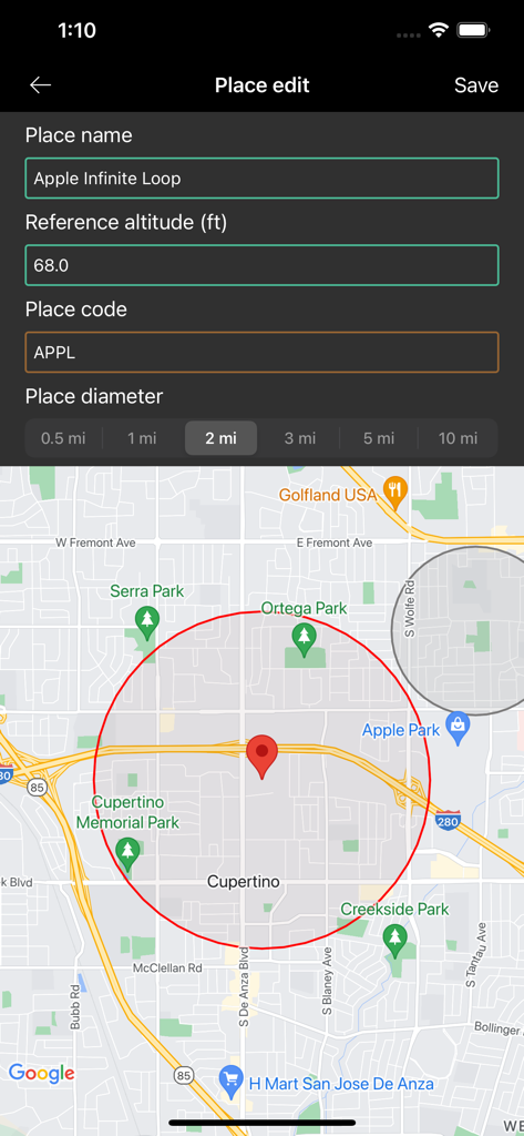 Barometer Plus - Altimeter PRO - Location editing screen in Barometer Plus app showing map and altitude settings