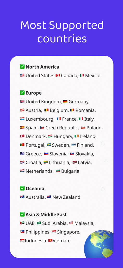 A list of supported countries for international shipping across North America, Europe, Oceania, Asia, and the Middle East.