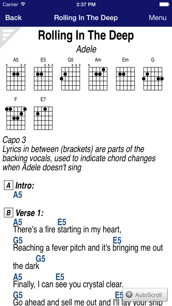 GuitarTapp PRO - Tabs & Chords - GuitarTapp PRO app interface displaying guitar chord diagrams and lyrics for the song Rolling In The Deep