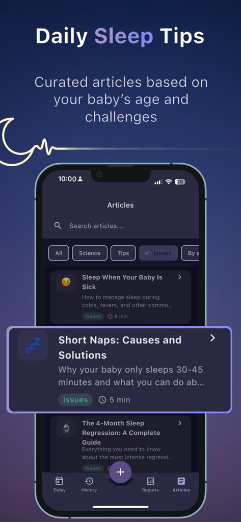Nana: Baby Sleep Coach - A smartphone screen displaying the Nana app's sleep articles and daily tips for parents.