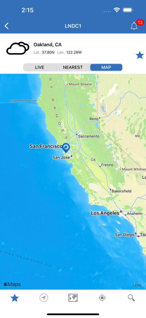 NOAA Buoys Live Marine Weather - Map view of a marine weather buoy station location near Oakland and San Francisco California