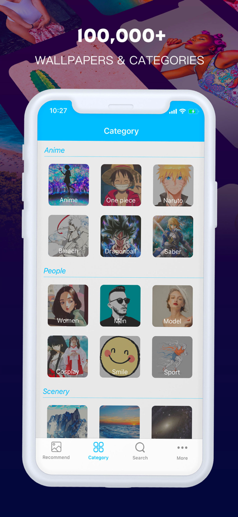 Wallhaven - Awesome Wallpapers - Captura de pantalla de la aplicación Wallhaven mostrando varias categorías de fondos de pantalla, incluyendo Personas de Anime y Escenarios