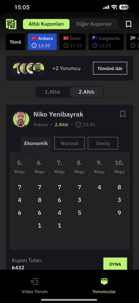 Yarıştayız-TJK Bülten Tüyoları - A mobile interface showing a Turkish horse racing betting coupon with expert tips for Ankara races.