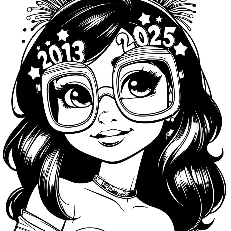 realistic girl with new year’s glasses on