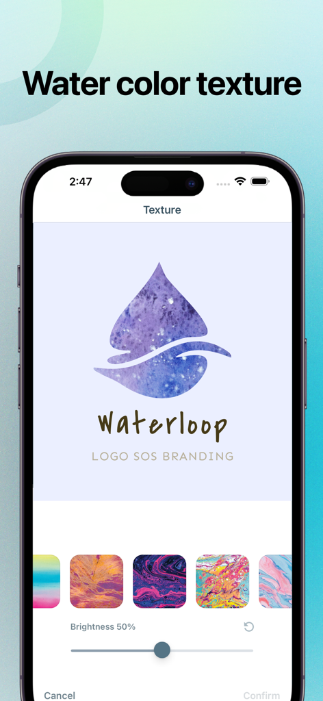 Interfaz de Logo Maker SOS que muestra opciones de textura de acuarela para un logo con icono de gota.
