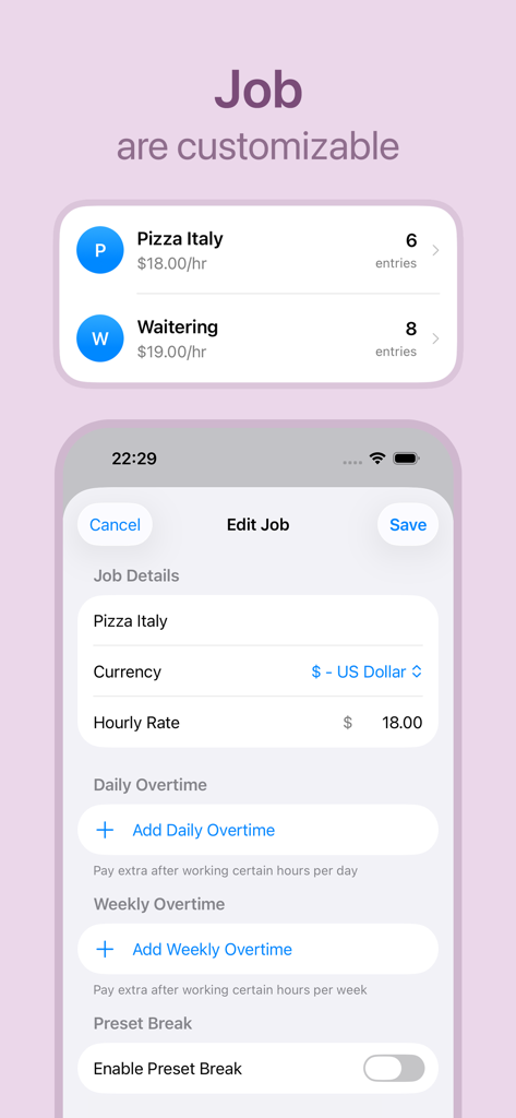 User interface for customizing job details including hourly rate and overtime settings in the Hours Tracker app.