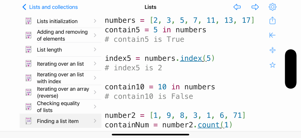 Fragmentos de código Python para encontrar elementos en una lista en la aplicación Python y SQL Pro.