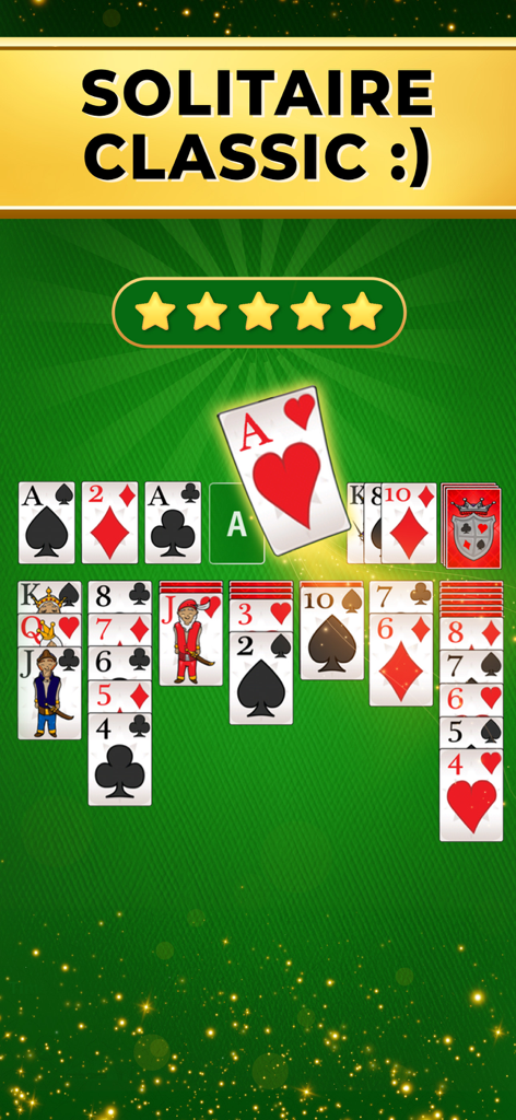 Juego de cartas solitario clásico jugándose sobre un fondo verde con cinco estrellas mostradas
