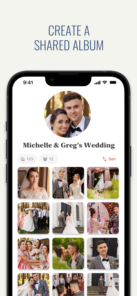 A shared wedding album on the Memento app featuring photos from Michelle and Greg's wedding