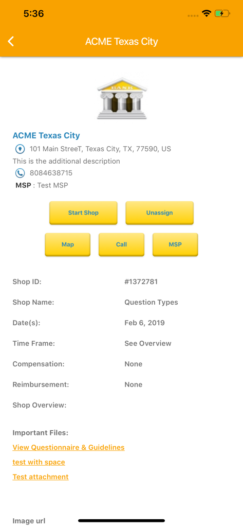 Detail view of a mystery shopping assignment in the iSecretShop mobile app including location and shop requirements