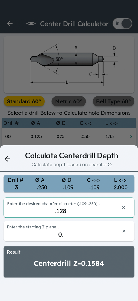 CNC Machinist Calculator Ultra app interface showing center drill technical dimensions and depth calculation for CNC machining.