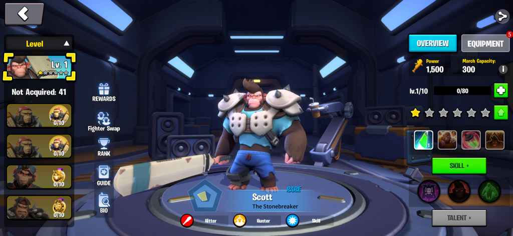 Character overview screen for Scott the Stonebreaker in Age of Apes showing hero stats and skills