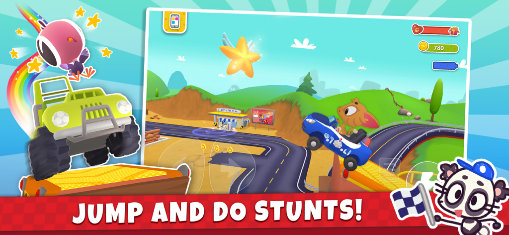 Puppy Cars - Games for Kids 3+ - A cartoon cat driving a blue car jumping off a ramp in the Puppy Cars game