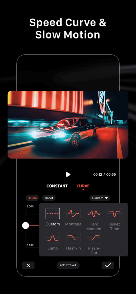 LightCut app interface for adjusting video speed curves and slow motion effects.