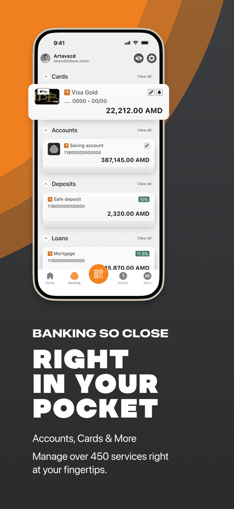 Idram & IDBank - Idram and IDBank mobile app interface showing bank accounts cards and loans on a smartphone