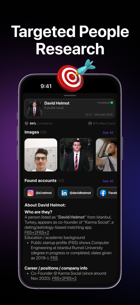 DeepSearch: Social AI Search - DeepSearch app interface showing social media profiles and AI-generated summary for a targeted person search.