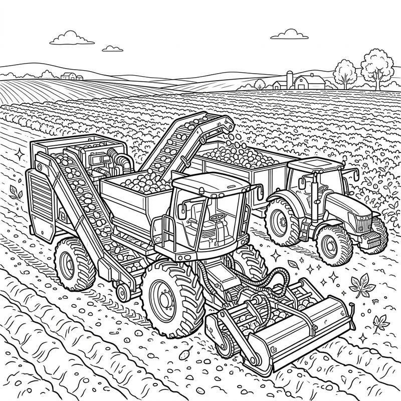 Dive into the agricultural world with this intricate coloring page featuring powerful potato harvesters. Capture the essence of farm life and the satisfying work of gathering crops with your favorite colors.