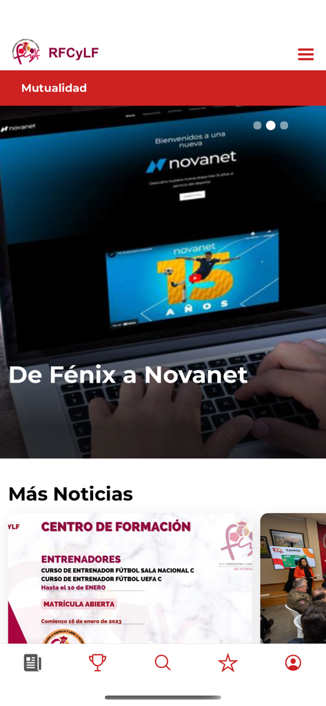 Home screen of the RFCYLF app displaying regional soccer news and coaching information