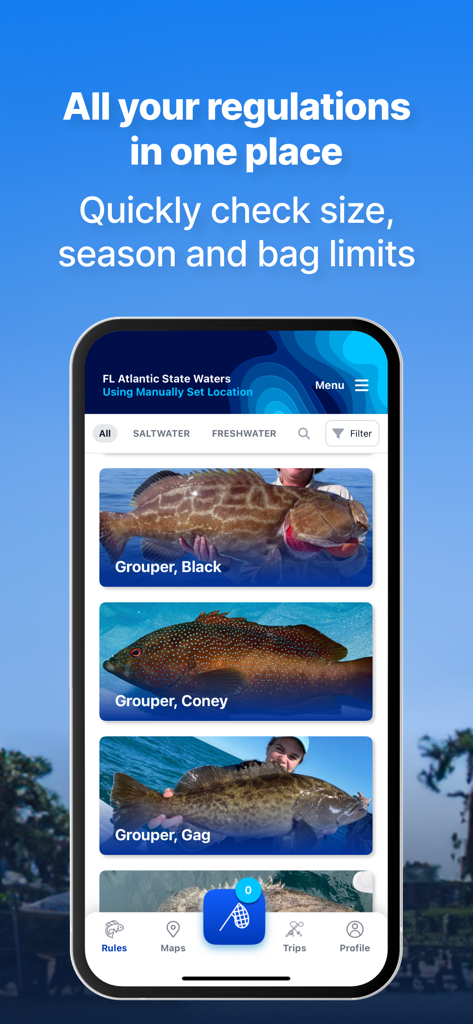 Fish Rules: Regulations & Maps - Pantalla de smartphone que muestra la aplicación Fish Rules con fotos e identificación de Black Coney y Gag Grouper.