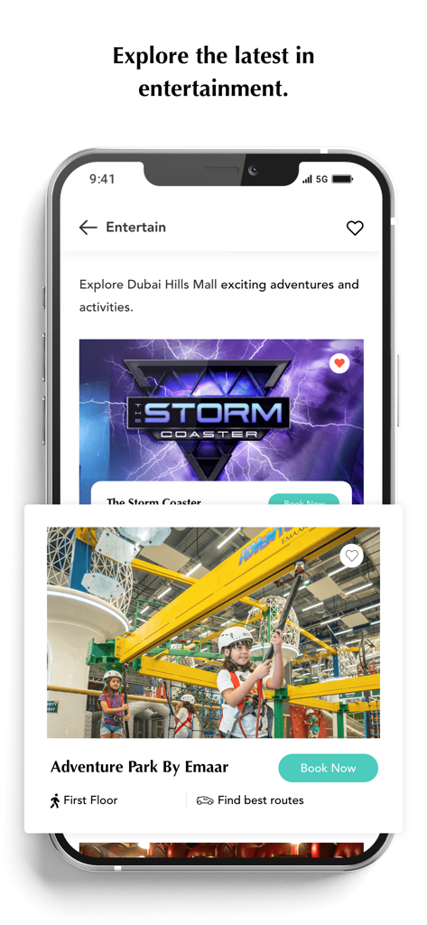 Dubai Hills Mall - 두바이 힐스 몰 모바일 앱 화면, The Storm Coaster 및 Adventure Park와 같은 엔터테인먼트 활동 표시