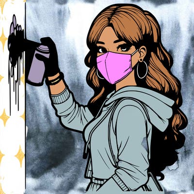 realistic girl with mask spray painting a wall