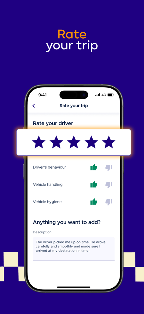 BiTaksi app screenshot showing the Rate Your Trip screen with a five star driver rating and positive feedback comment.