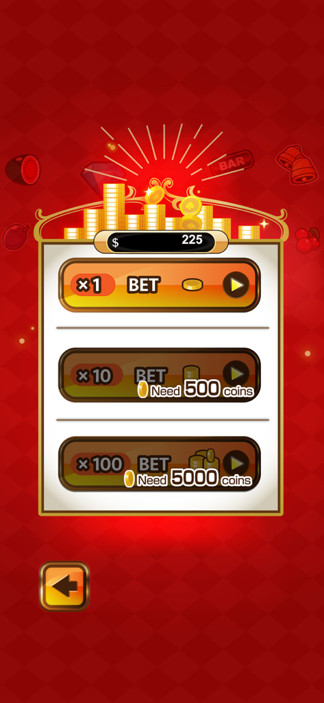 Slot Machines Classic : lucky - Betting selection screen in Slot Machines Classic showing different multiplier levels and coin stacks.