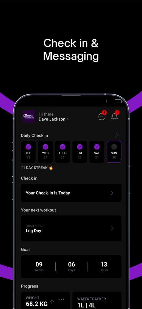 Tela do aplicativo Dans Coaching mostrando sequência de check-in diário, próximo treino e acompanhamento de progresso