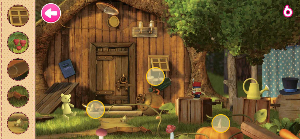 Ein Minispiel mit versteckten Objekten in der Mascha und der Bär App, das eine Szene außerhalb des Holzhauses des Bären zeigt.