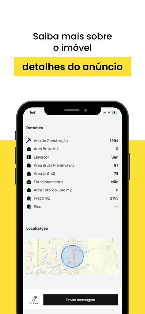 Schermata dello smartphone che visualizza informazioni dettagliate sull'inserzione immobiliare e una mappa della posizione nell'app Portal Casa Yes.