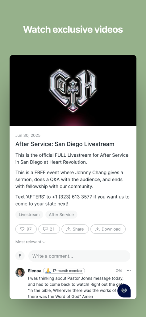 Core of the Heart - Interface of the Core of the Heart app showing a San Diego livestream video post and user comments.