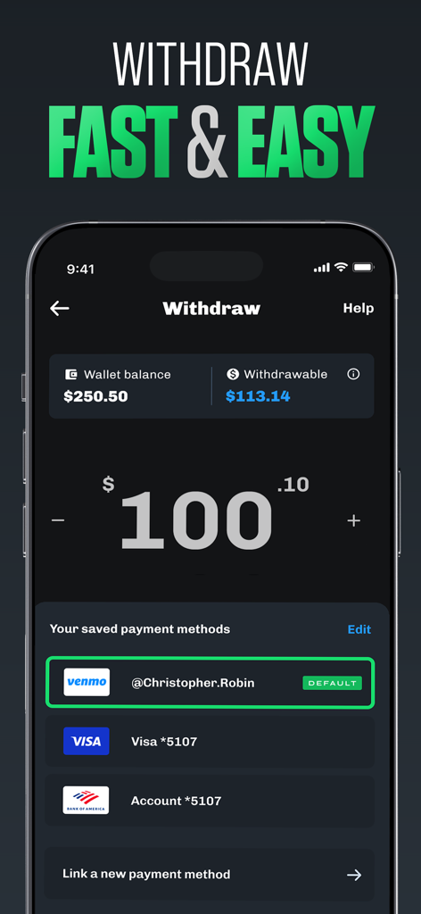 Chalkboard Fantasy Sports - Chalkboard Fantasy Sports app withdraw screen showing fast payment options including Venmo and Visa