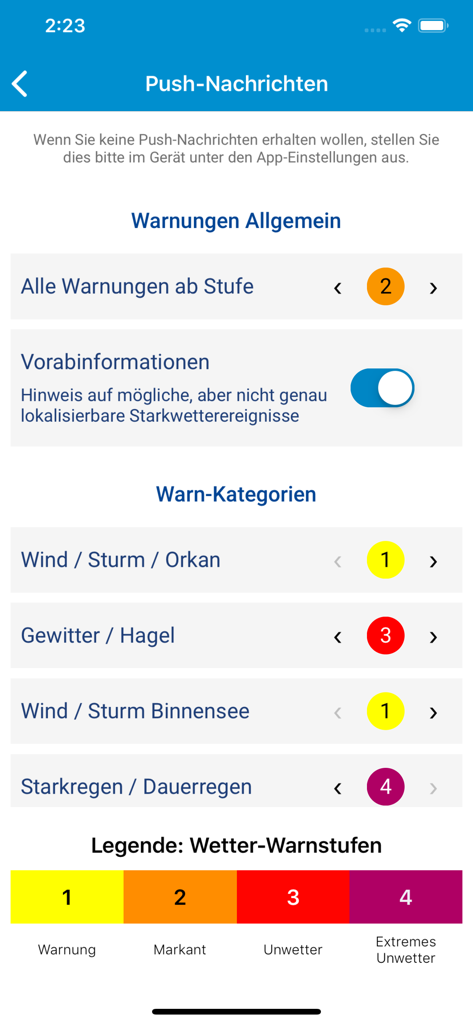 umweltinfo - Configuración de notificaciones push y categorías de advertencia meteorológica en la aplicación umweltinfo