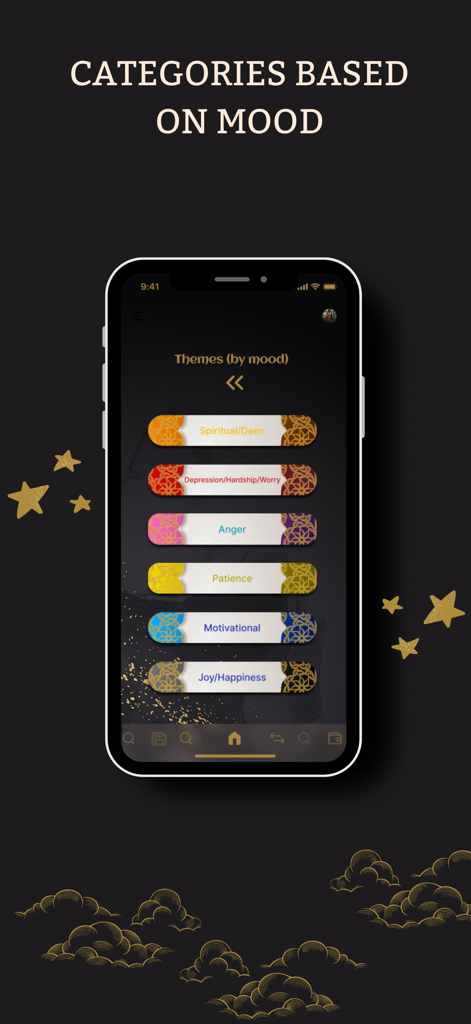 Safa's: Islamic Affirmations - Safa's app screen displaying Islamic affirmation categories based on moods like patience and motivation.