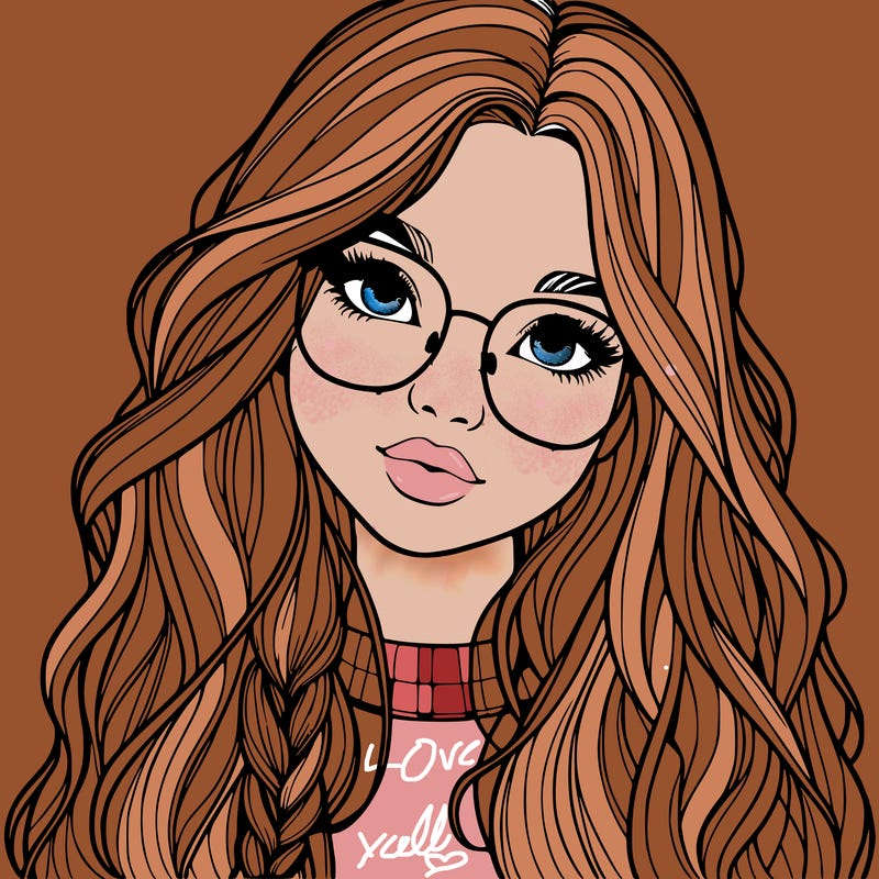 girl with long hair and freckles and glasses realistic