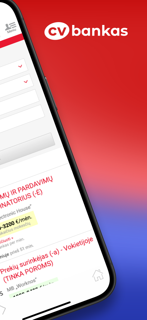CVbankas.lt - Interfaz de la aplicación móvil CVbankas mostrando ofertas de empleo e información salarial.