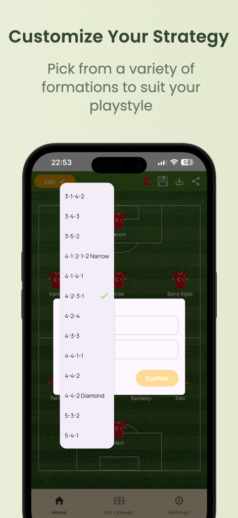 Lineup Builder Pro - Interfaz móvil de Lineup Builder Pro que muestra una lista de formaciones de fútbol como 4-3-3 y 4-2-3-1 sobre un campo verde.
