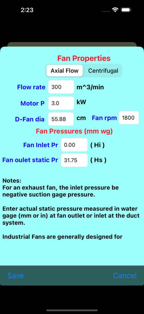 Fan Spec Performance - Interface for entering fan properties such as flow rate, motor power, and pressure specifications.
