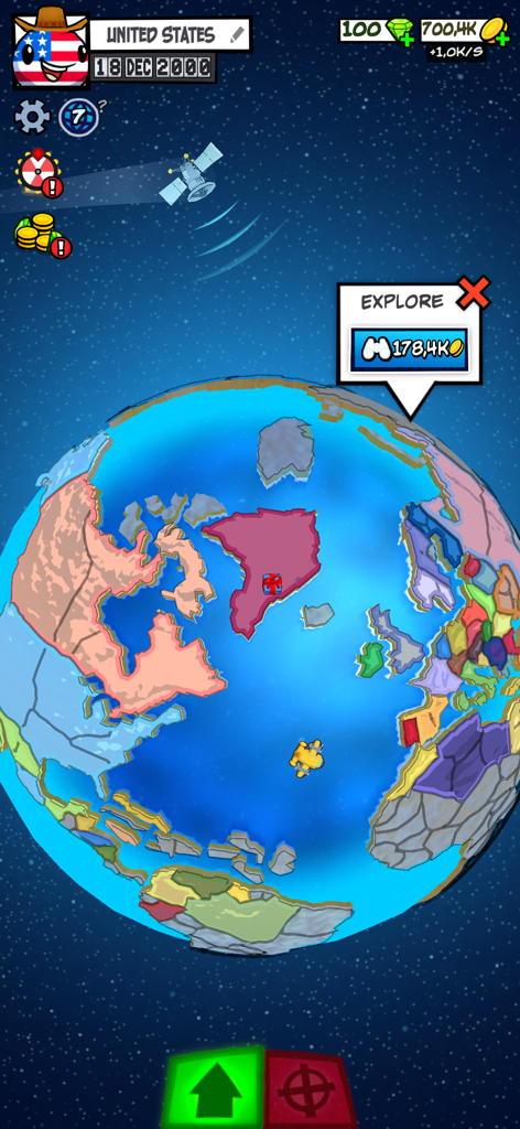 A 3D globe view of territories in the Country Balls State Takeover mobile game showing various colored countries and an exploration prompt