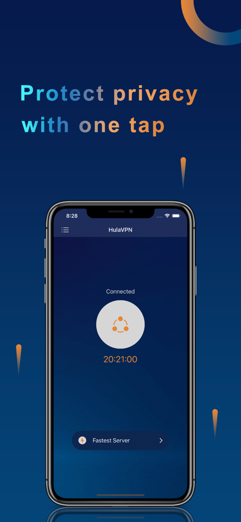 HulaVPN Pro - Fast Secure VPN - HulaVPN Pro mobile app interface showing one tap privacy protection with a connected status and timer.