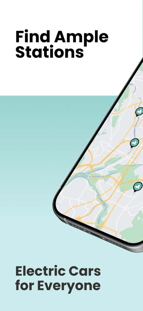 Ample App - Ample App interface showing a map with battery swapping station locations and the text Find Ample Stations