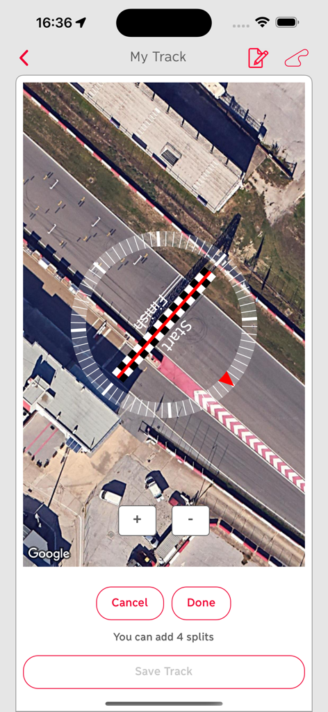 RaceBox - RaceBox app interface showing a satellite map view for setting custom track start and finish lines