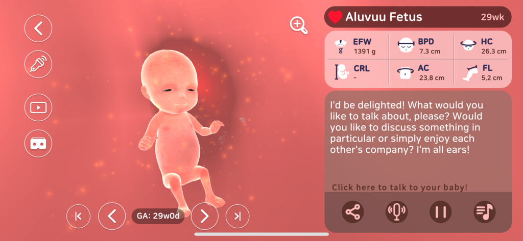Aluvuu Fetus - Aluvuu Fetus app screen displaying a 3D baby model and AI chat interface at 29 weeks