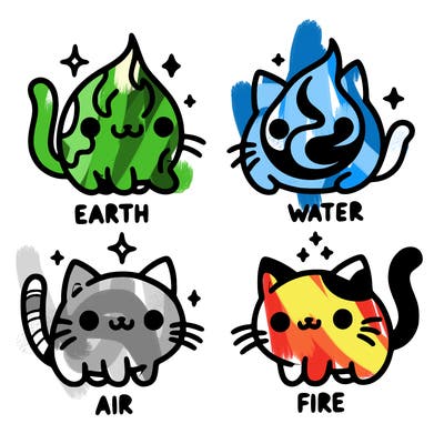 4 cats that represent the different elements, earth, water, air, and fire